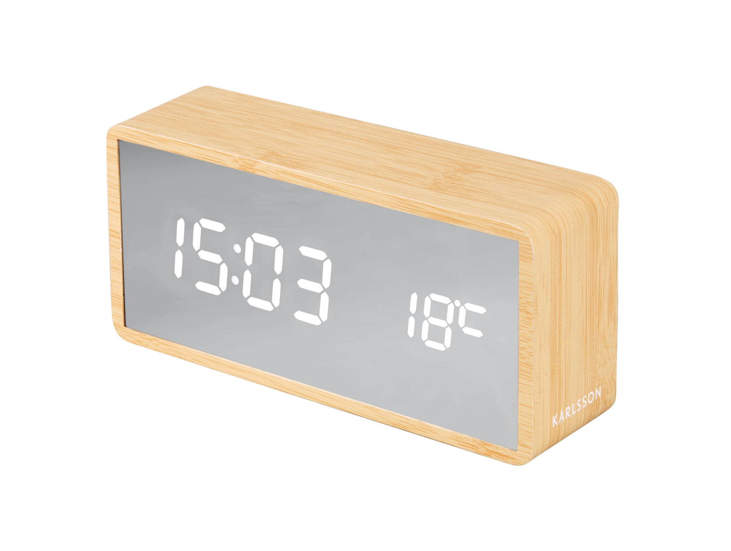 Silver Mirror LED Alarm Clock (USB) - Light Wood