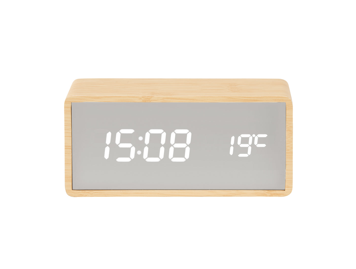 Silver Mirror LED Alarm Clock (USB) - Light Wood