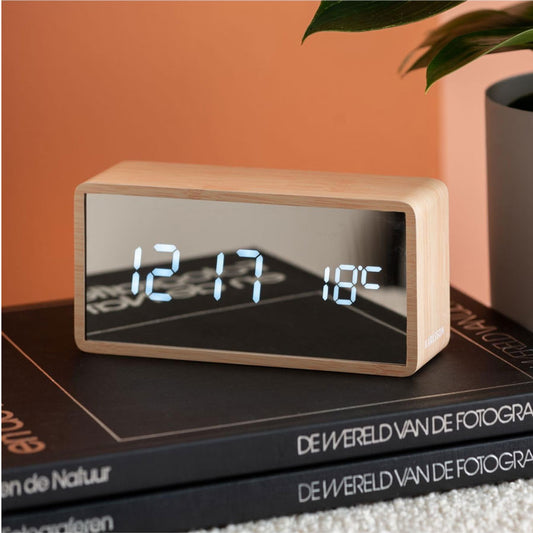Silver Mirror LED Alarm Clock (USB) - Light Wood