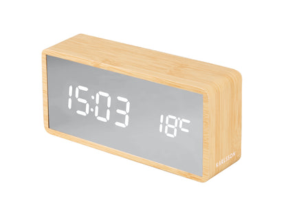 Silver Mirror LED Alarm Clock (USB) - Light Wood