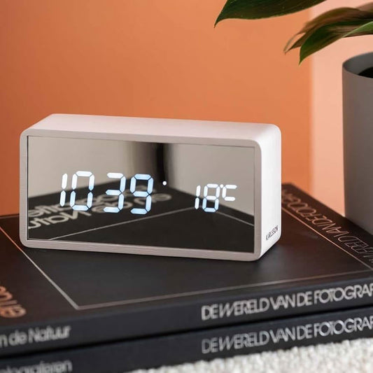 Silver Mirror LED Alarm Clock (USB) - White Wood