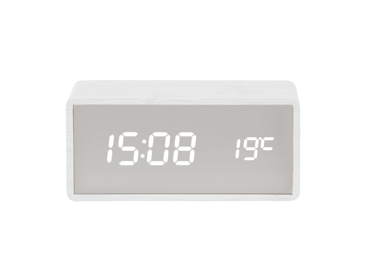 Silver Mirror LED Alarm Clock (USB) - White Wood