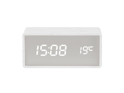 Silver Mirror LED Alarm Clock (USB) - White Wood